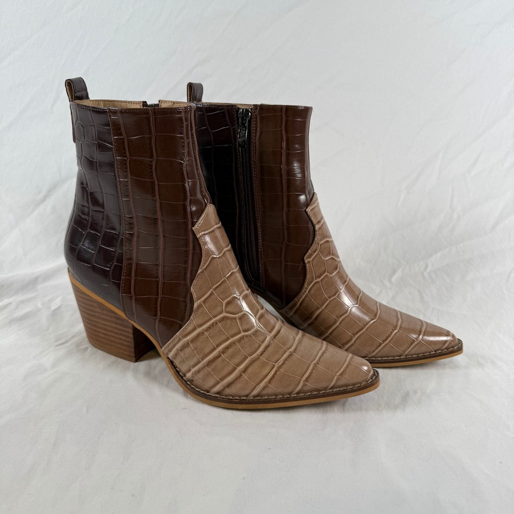 A Rider G. Delite Two Tone Croc Embossed Western Ankle Boots Brown Tan Size 9